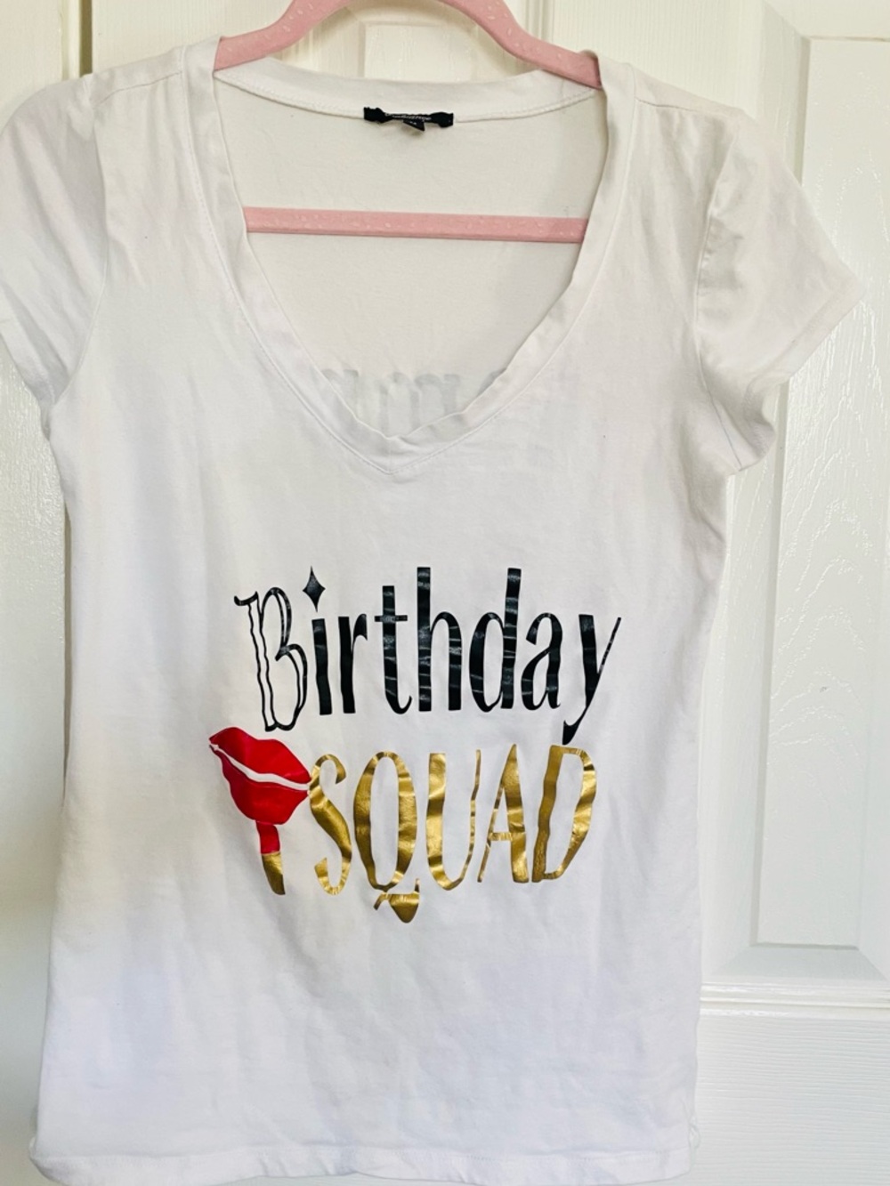 Ambiance White Tee with Black 'Birthday', Gold 'SQUAD' and Red Lip Graphic
